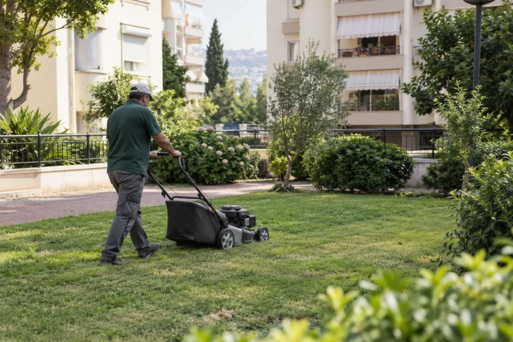 Ortak bahçede yürüyüş yollarını koruyarak çim biçen bahçıvanın temsili görüntüsü