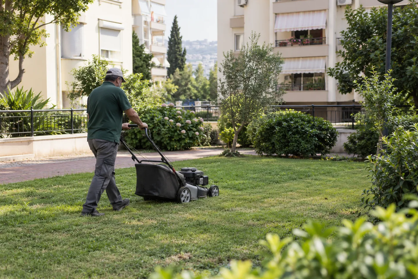 Ortak bahçede yürüyüş yollarını koruyarak çim biçen bahçıvanın temsili görüntüsü