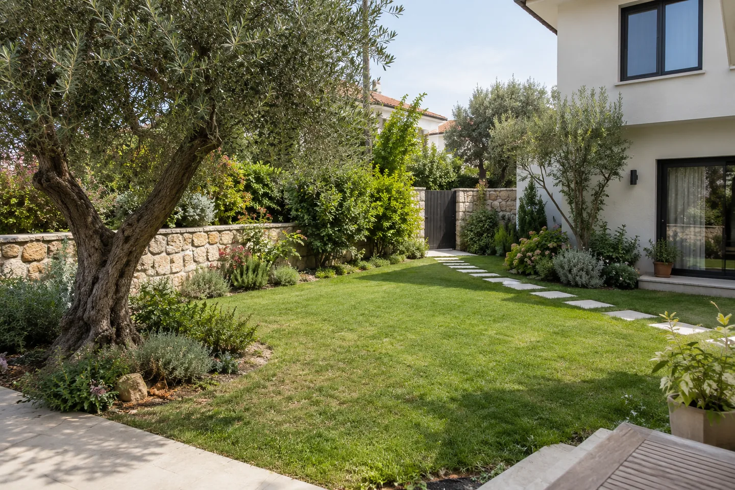 Villa bahçesi için taş yol, zeytin ağacı ve bitkilendirme içeren temsili peyzaj konsepti
