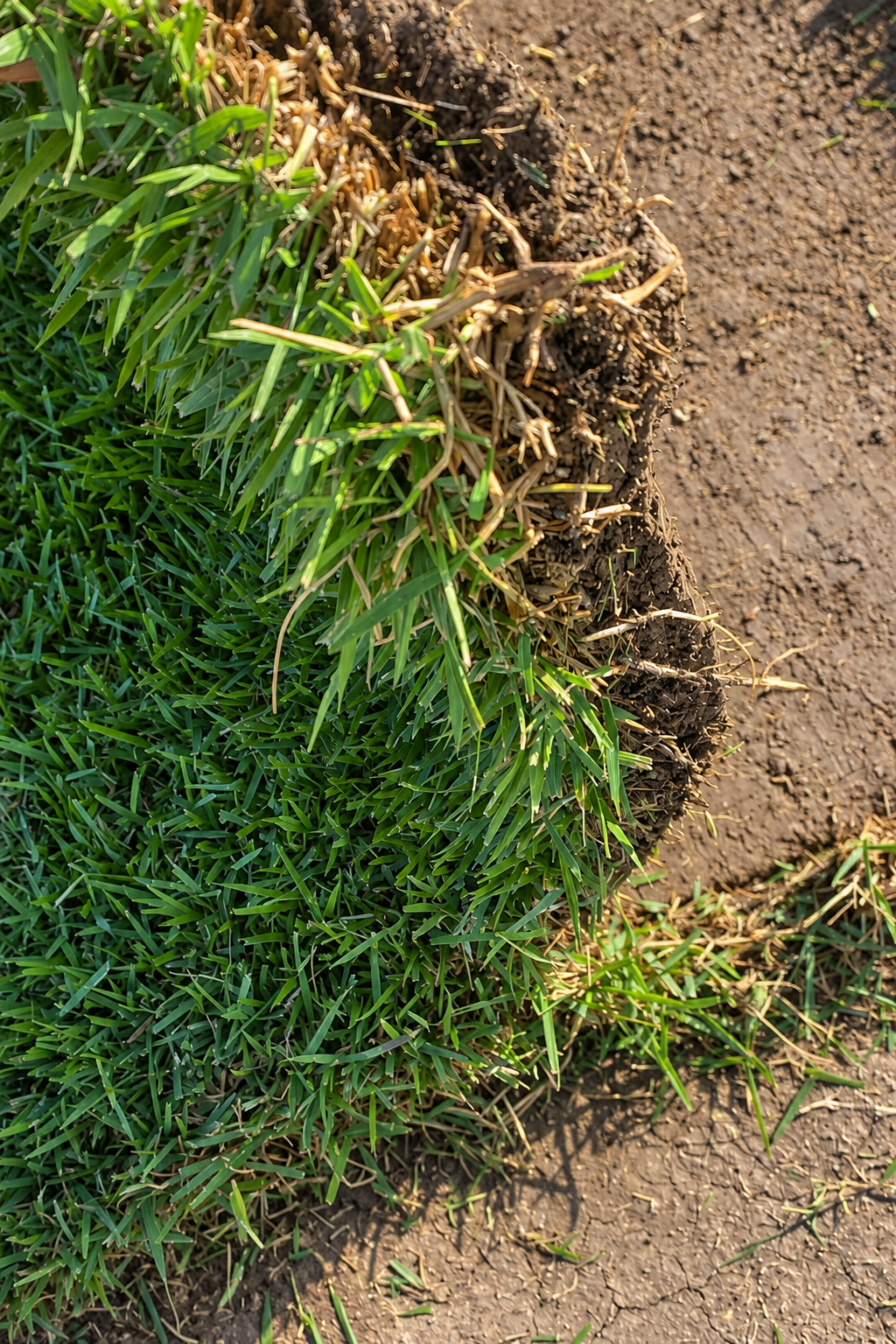 Zoysia rulo çimin yaprakları ile kök ve toprak tabakasının yakın görünümü